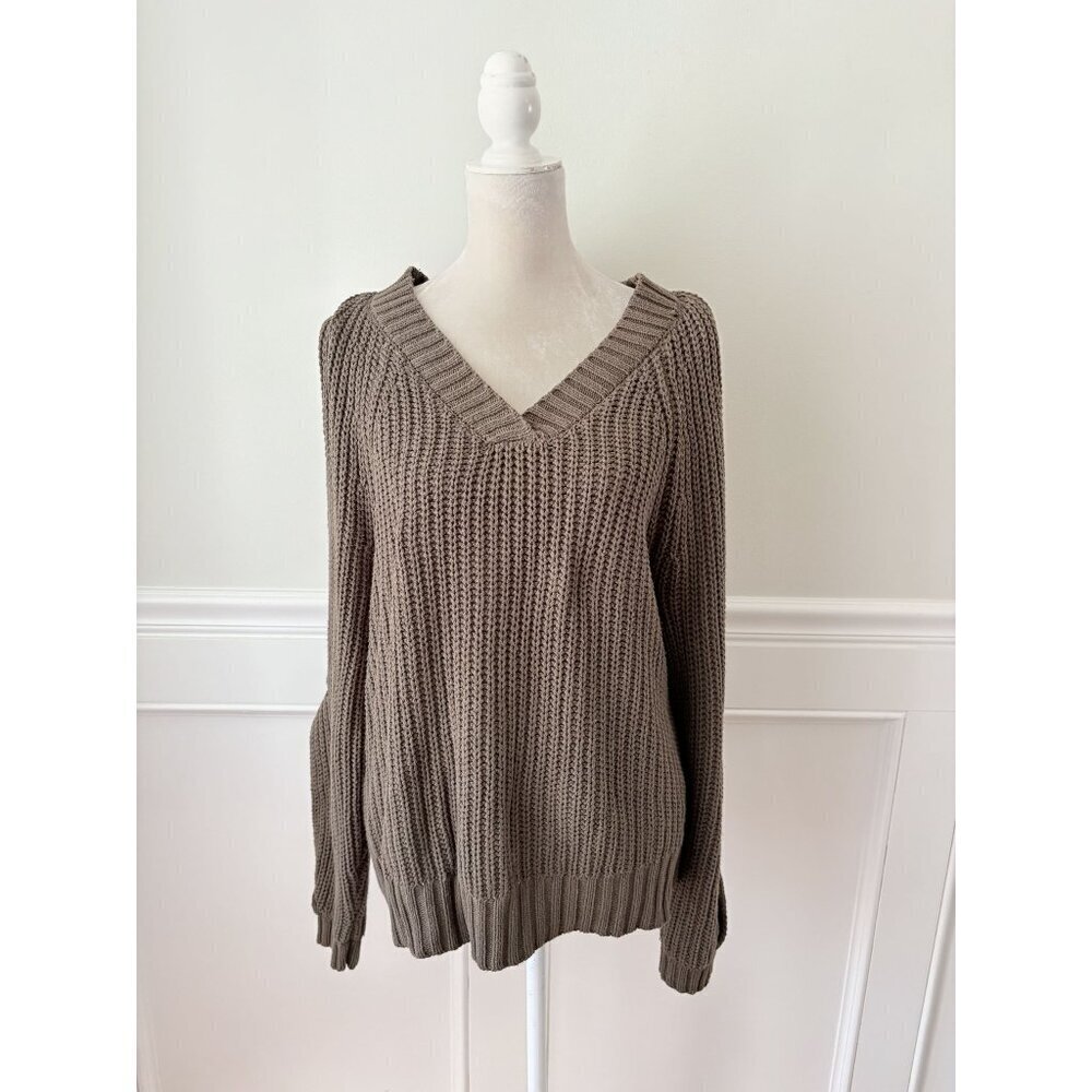 Chunky Knit Olive Sweater With Open Sleeves Size L